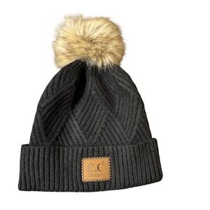 CC Exclusives Black Ribbed Knit Beanie Hat with‎ Faux Fur Pom Pom
